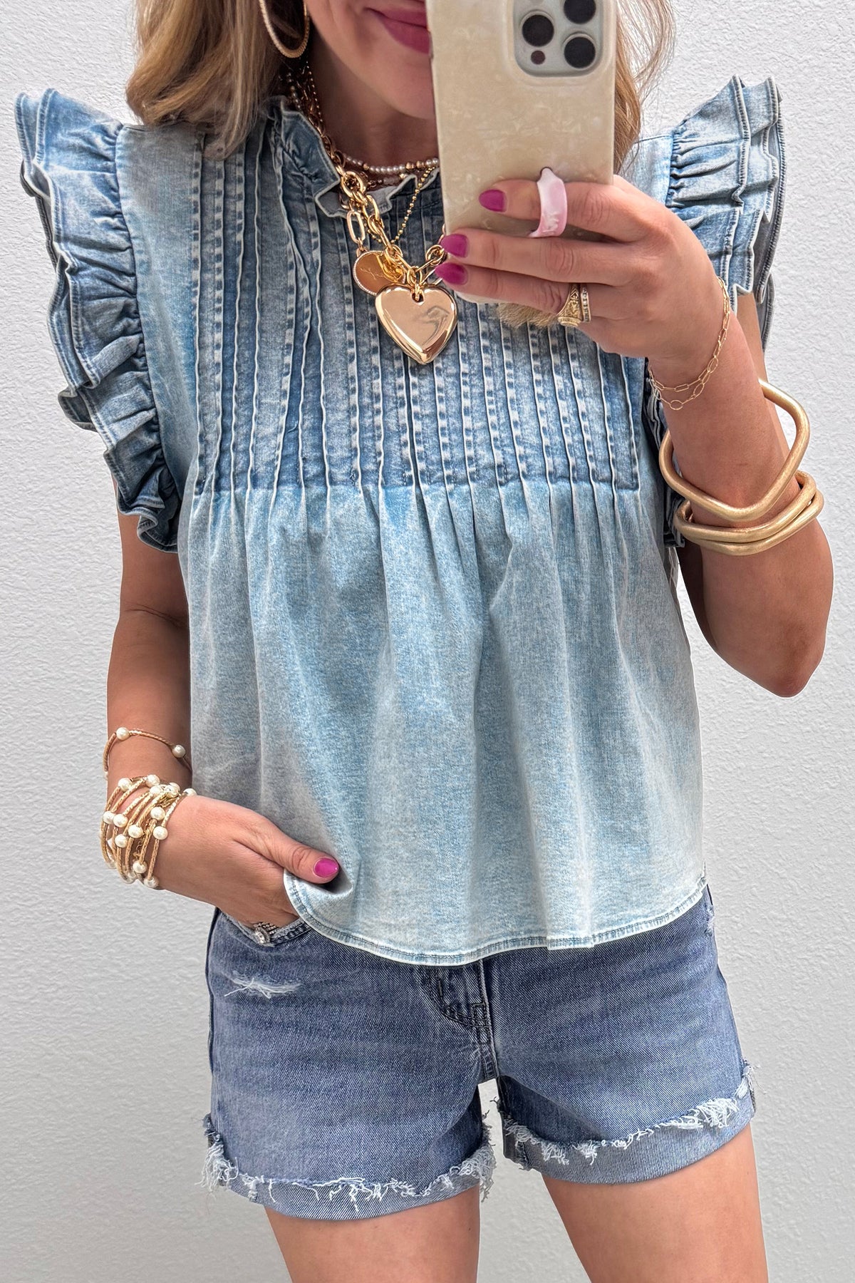 Beau Blue Ruffle Pleated Detail Vintage Washed Denim Top