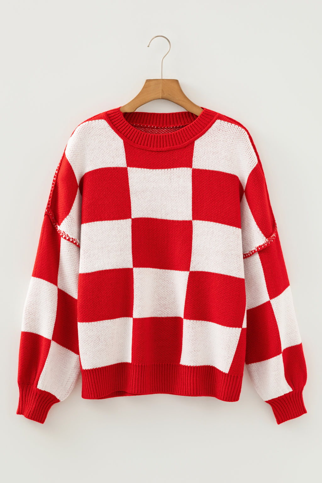 Pink Checkered Bishop Sleeve Sweater